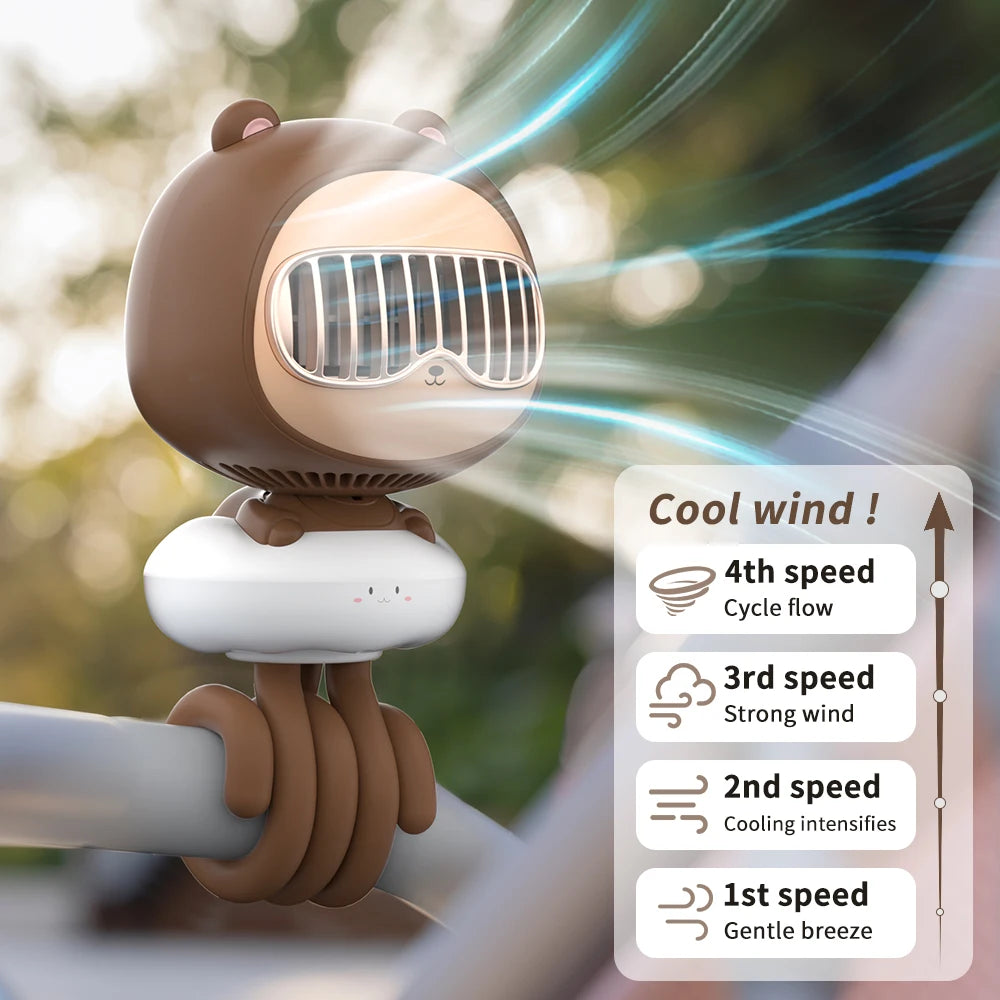 Portable Mini Handheld Stroller Fan with Flexible Octopus Holder, 3600mAh Battery, 4 Speed Settings, and USB Rechargeable Capability